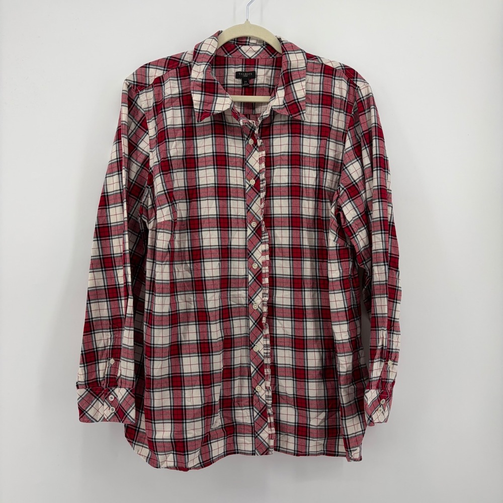 Talbots Womens 2X Red Plaid Button Up Shirt Metallic Thread Long Sleeve